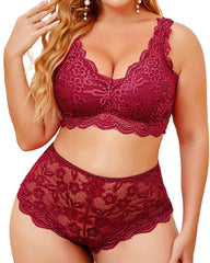 Plus Size Lingerie Set for Women Sexy Lace Halter Bralette High Waist Panty Set