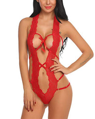 Women Deep V Halter Lingerie Teddy One Piece Bodysuit Lace Babydoll