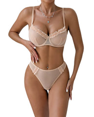 Pleated Lace Underwire Push-Up Simple Lingerie Set