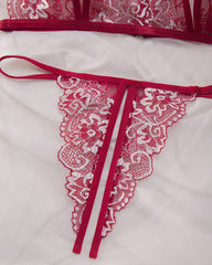 Women's 2pcs Bow Decor Sheer Floral Lace crotchless Lingerie Set