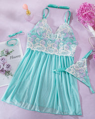 Embroidered mesh stitching sexy nightdress with neck and hand four-piece set