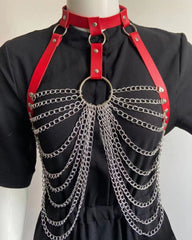Punk sexy exaggerated multi-layer metal chest chain body chain nightclub rock pu leather collar clavicle chain