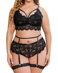 Plus Size Lingerie for Women Floral Lace Scallop Trim Bra High Waist Panties Set Garter Lingerie Set