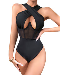 Women Sexy Criss Cross Halter Neck Bodysuit