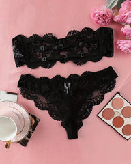 Strapless lace bra,Floral Lace Sexy Lingerie Two-Piece Set, Romantic Underwire Bandeau Bra & Scallop Trim Thong