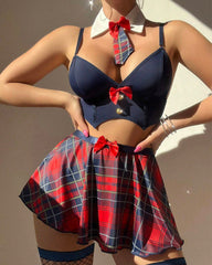 Sexy Student Uniform Plaid Tie Decor A-Line Skirt Lingerie Set