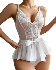 Womens Sexy Lingerie Contrast Lace Belted Teddy Bodysuit Nightwear Lingerie for Party