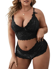 Lace Embroidery Mesh See-through Sexy Lingerie Plus Size Set