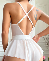 Womens Sexy Lingerie Contrast Lace Belted Teddy Bodysuit Nightwear Lingerie for Party