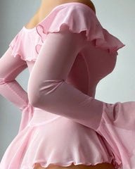 2-piece set romantic nightgown with off the shoulder, mesh panel and pleated long sleeves, sexy