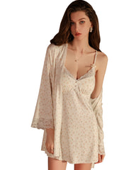 Large size comfortable pajamas deep V lace home wear set