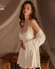 Large size comfortable pajamas deep V lace home wear set