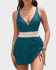 Deep V Drawstring One-Piece Swim Dress