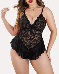 Plus Size Lingerie for Women Lace Bodysuit One Piece Teddy Babydoll Mesh Chemise V Neck Sleepwear