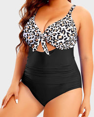 Plus Size Tummy Control One-Piece Swimsuit with Cutout and Tie Front