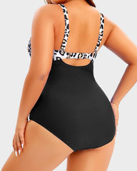 Plus Size Tummy Control One-Piece Swimsuit with Cutout and Tie Front