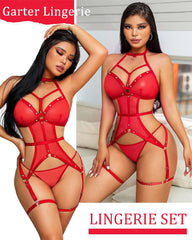 Lingerie Set for Women Mesh Cut Out Bodysuit Sexy Ring Linked Teddy Lingerie with Garter Belt