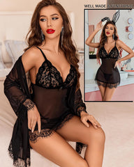 Lingerie Sets for Women Sexy 3 Piece Mesh Kimono Robe with Lace Babydoll Dress