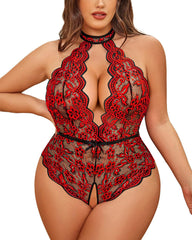 Plus Size Lingerie for Women Lace Bodysuit Halter Teddy Crotchless Nightgown