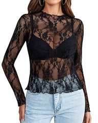 Women's Mesh Top Long Sleeve Mock Neck Sheer Blouse See Through Floral Lace Tops